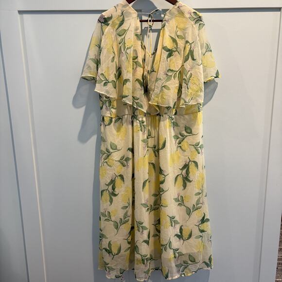 NWT Lemon Print Midi Dress Women 18 Yellow Vero Moda Curve Sheer Flutter Sleeve - Picture 10 of 16